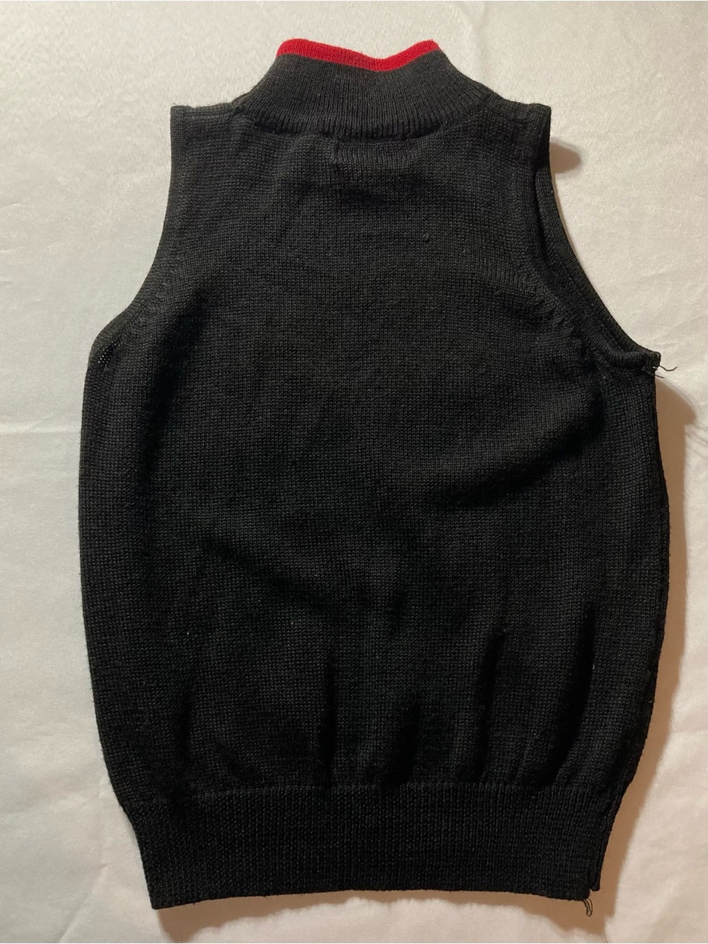 Sleeveless Black Knit Turtleneck Sweater Vest with Red Trim - Picture 2 of 4